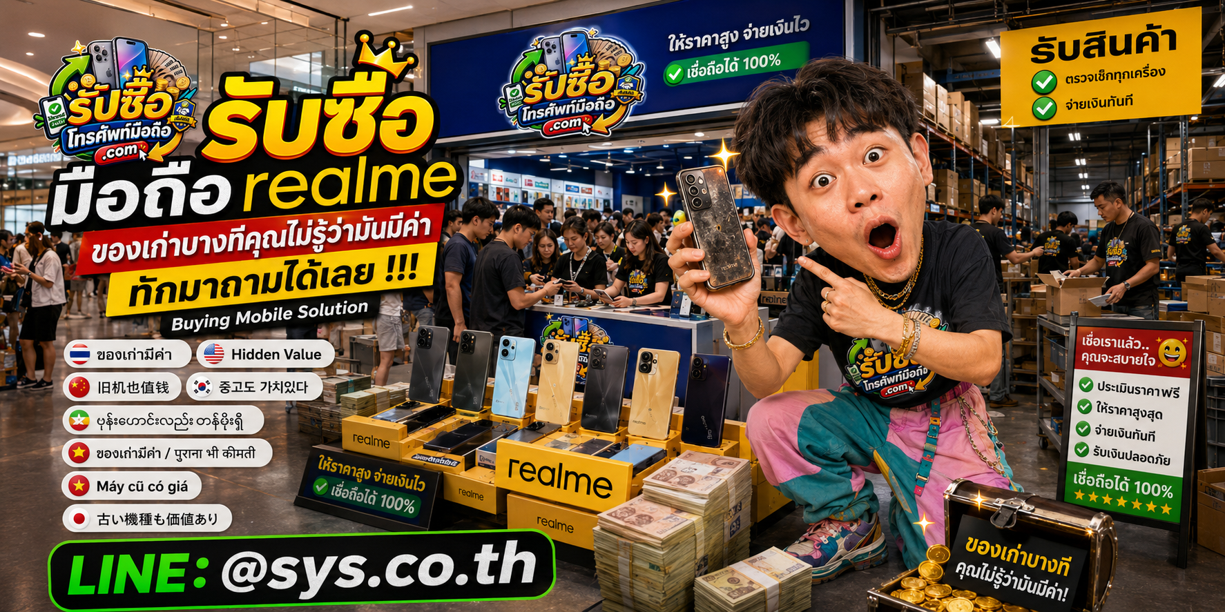 บรรยากาศจุดรับซื้อมือถือ realme และทีมงานตรวจประเมินเครื่องในโกดังไอที