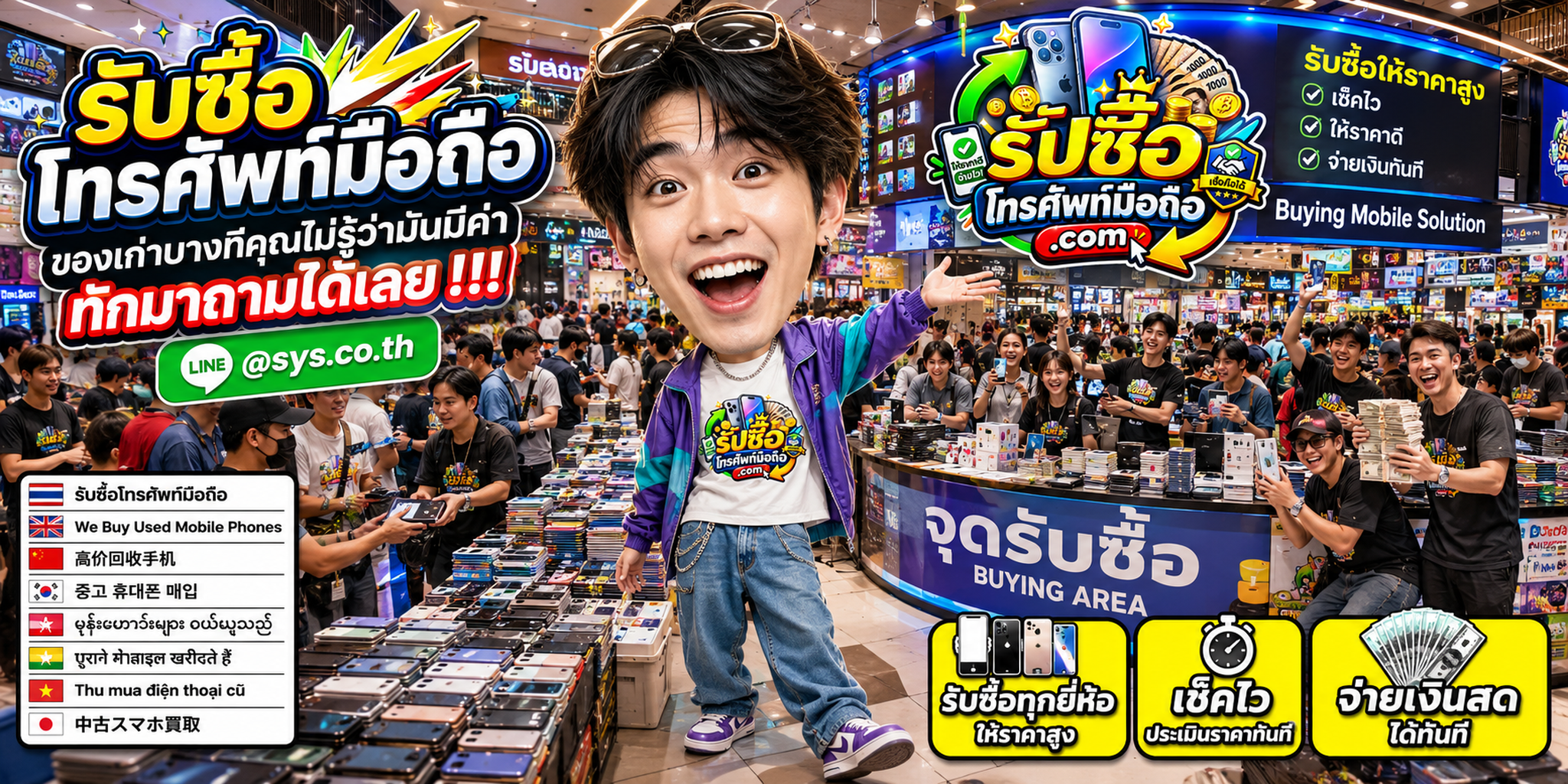 บรรยากาศจุดรับซื้อโทรศัพท์มือถือและทีมงานตรวจประเมินเครื่อง